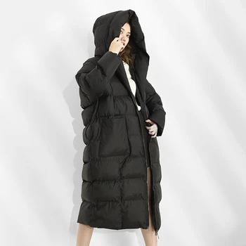 [EAM] Big Velikost Toplo Hooded Bombaž-oblazinjeni Suknjič Dolg Rokav Ohlapno Fit Ženske Parkas Moda Plima Nove Jesensko Zimske 2021 JD12101