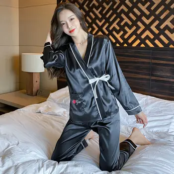 Ženske Kimono Spomladi in Jeseni Pijama Seksi Mujer Svileno Pižamo za Ženske Trdna Sleepwear Set Home Oblačila za Ženske Pižame