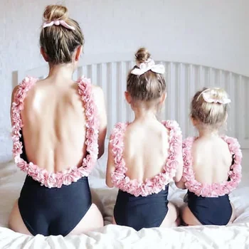 2020 Nove Seksi 3D Cvet Traku Backless Mati Hči Družine Ujemanje Kopalke Ženske Dekle Cvetlični En Kos Kopalke Bikini