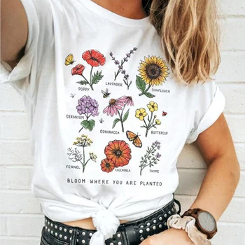 Bloom Kjer So Zasajene Botanični Cvet Tiskanja Ženske Majica Bombaž Sončnice Prevelik Vrhovi Barvita Grafika Tee Dekleta Tee