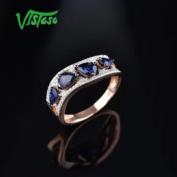 VISTOSO 14K 585 Rose Zlato Bleščeč Diamant Fancy modra, temno Modra Resnično Obroč Za Ženske Angažiranosti Obletnico Elegantno Fine Nakit
