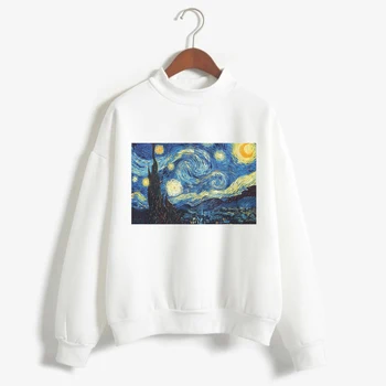 Harajuku Van Gogh Ukiyoe Umetnosti Olje Tiskanja Long Sleeve Majica S Kapuco Ženske Bela Majica Zgornji Del Ženske Modi Kpop Ulične Oblačila
