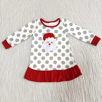 Moda vezenje dekle frock baby dekleta pika božič obleko santa vzorec in rdeče ruffle otroci obleke