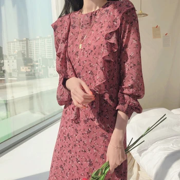 BGTEEVER Elegantno O-vratu Šifon Ženske obleke Poln Rokav Ruffles Ohlapno Obleko Ženski Priložnostne Cvjetnim Tiskanja Dolgo Vestidos 2020 Pomlad