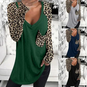 Leopard Natisniti z Dolgimi Rokavi Ženske Majice Pomlad Priložnostne Mozaik Vrhovi Žepi Moda Tee Ženski Proti-Vrat 2XL Prevelik T-Shirt