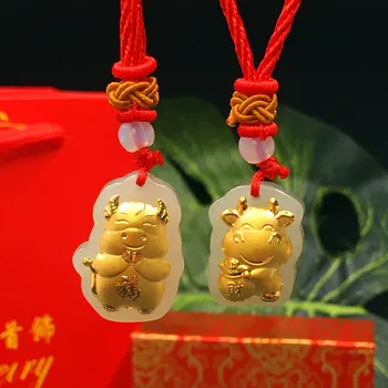 2021 Kitajski Zodiak Leto Ox Obesek 24K Gold z Naravnimi Nephrite Green Jade Darilo Modni nakit LL@17