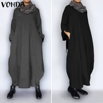 Pozimi Sweatshirts Obleka Ženske Haljo VONDA 2021 Priložnostne Muslimanskih Sundress Priložnostne Dolg Rokav Maxi Dolgo Obleko Plus Velikost Vestidos