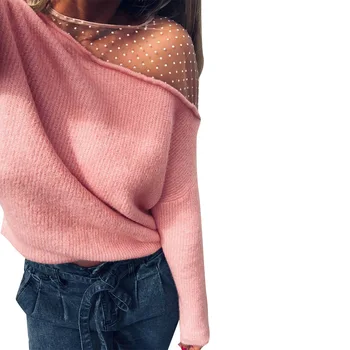 Novo leto 2020 Moda za Ženske Pletenje Pletenine Dolg Rokav Seksi Krog Vratu vidi Skozi brez naramnic ohlapen pulover vrhovi Ženske Oblačila