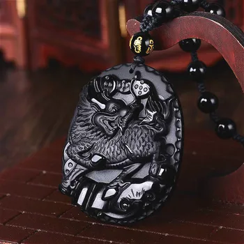 Naravni Obsidian Black Dragon Obesek Samorog Kroglice Ogrlica Čar Nakit, Ročno Izrezljano Srečo, Amulet Darila za Svoje Ženske Moški