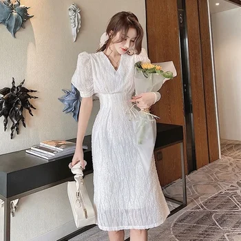 Korejski ženske bela obleka ženske chic v vratu visoko pasu, pol rokav elegantno 2020 poletje pomlad obleko urad Vestido Ženski