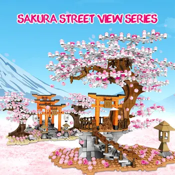 1167PCS Mesto Street View gradniki Ideja Sakura Kabina Inari Svetišče Opeke Češnjev Cvet Krajine Hiša Združljiv Igrače