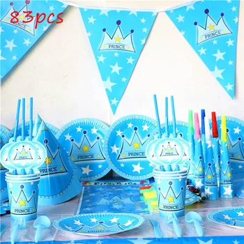 Za 10 Ljudi, Uporaba Modre Crown Prince Teme 83 kos Risanke Happy Birthday Party Roza Papir Pokal Ploščo Napkin Posode za Enkratno uporabo