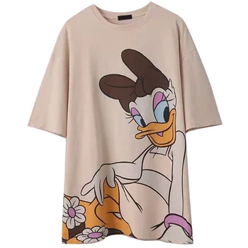 Disney T-Shirt Mickey Mouse Daisy Raca Risanka Tiskanja Ženske Bombaža T-Shirt Kratek Rokav Ulične O-Vratu Puloverju Svoboden Tee Vrhovi