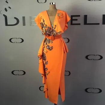 Vestido Longo Elegantno Večerno Obleko Haljo De Soiree Appliques Sequins Formalnih Obleke Oranžna Skp Rokavi Dolgo Midi Tele Večernih Oblek