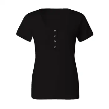 T-shirt dame seksi barva osnovne priložnostne vrh kratko stranka kratek rokav gumbi