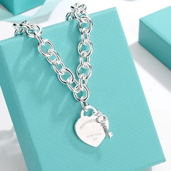 Ženske srebrna ogrlica Nove Klasične nakit Srca v obliki ključ Obesek izvirno 1:1 S925 Pulover verige Visoke kakovosti pribor