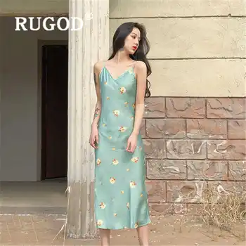 RUGOD 2020 Nov Prihod Cvetlični Saten Tiskanja Obleka Ženske Visoko Pasu Slim Poletje Obleko Priložnostne Svile Seksi Proti-vrat Obleko Elegantno Obleko