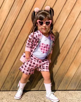 2020 Moda Baby Dekleta Obleke, Kompleti 3Pcs Srce Kariran Tiskanja Kratek Rokav T-majice + Dolgimi Rokavi, Zadrgo Plasti + Hlače Set1-6Y