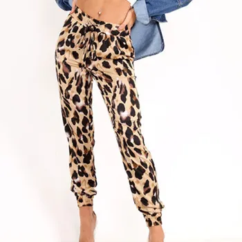 Jeseni leta 2018 modna ženska Leopard hlače cargo visoko pasu hlače ohlapne hlače joggers žensk Strani Žepi sweatpants ulične
