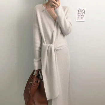 Nomikuma korejski Čipke Obleko Pulover Dolg Rokav Proti-vrat Elegantno Pletene Obleke 2020 Jeseni, Pozimi Ženske Osnovne Vestidos 6C271