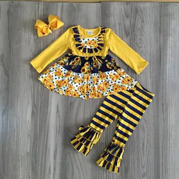 Girlymax baby Dekleta Jeseni obleko dekleta, sončnično nastavite dekle rumeni trak ruffle hlače z lokom