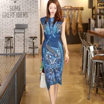 Korejski brez rokavov Obleke Poletje Ženska Elegantno Tiskanje Slim Delo Obrabe Office Business Casual Stranka Tulec Bodycon Obleko