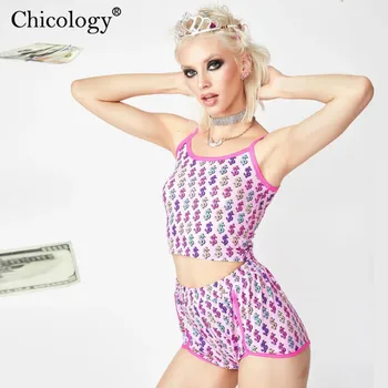 Chicology $ Dolarjev Print Crop Camis Vrh Visokim Pasom, Kratek Ženski 2 Dva Kosa iz 2020 Poletje Seksi Ženske Oblačila Klub Y2K Obleke