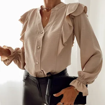Bela Ruffle Bluzo Ženska Jeseni Csaual Moda Proti-vrat Dolg Rokav Elegantna Urad Dame Majice Plus Velikost Vrhovi In Bluze