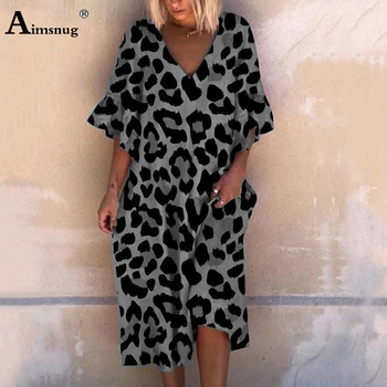 Plus velikost 3xl Ženske Poletje Obleko za Prosti čas V Vratu Leopard Pika Boho Tiskanja Obleke 2020 Gospe Priložnostne Svoboden Mid-Tele Obleko Femme