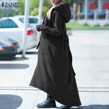 2021 ZANZEA Moda Zadrgo Asimetrični Coats Ženske Jakne Priložnostne Long Sleeve Hooded Outwear Ženski Gumb Suknji Vrhovi
