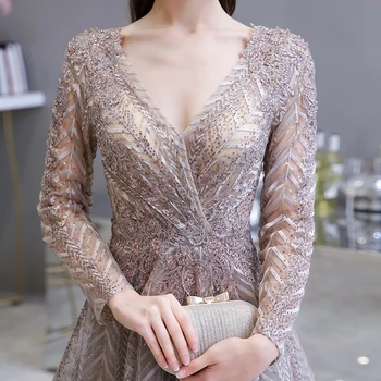 Dubaj Luksuzni Dolg Rokav Večerno Obleko 2020 Krasen Proti-Vrat Čipke Naguban Beaded Kristalno Seksi Formalnih Obleke