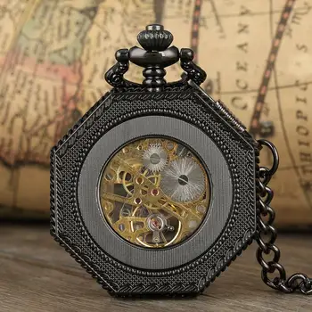 Edinstven Octagon Oblikovan Mehansko Ročno Navijanje žepna ura Rimsko Številko Votlih Ura Steampunk Fob Watch Verige reloj de bolsillo
