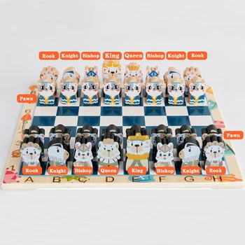 Otroci Lesene Srednjeveške Šahovska garnitura Risanka Stereoskopski Dama Z Šahovnici Igra Krovu Šah Slika Določa Puzzle Igra ajedrez