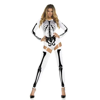 Halloween Duha Okostje Tiskanja Ženske Cosplay Kostum Maškarada Seksi Grozo Kraljica Bodysuit Suspender Podveze Trak Nogavice