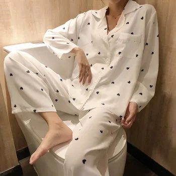 2020 žensk Pajama obleko z dolgimi rokavi obrnil kravato žep Pajama srčkan seksi Pajama gumb vrh + hlače pajama