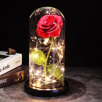 Večno Rose cvet Lepotica In Zver Rdečo Vrtnico V Stekleno Kupolo Na Leseno Osnovo Za valentinovega Darila LED Rose Noč Svetilke