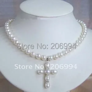 Wholesales 7-8 mm bela Sveža Voda pearl& cross obesek ogrlica biser Nakit,darilo, brezplačna dostava