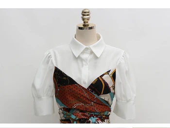 Korejski Slog 2019 Poletje Ženske Elegantne Ponaredek Dva Kosa Shirt Obleko Urad Dama Modni Tisk Lok Pasu Mozaik Midi Dolgo Obleko