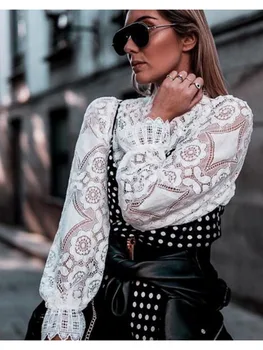 Moda Za Klasično Palace Slog Poletje Bele Čipke Bluzo High Street Venčni Rokav Seksi Ženske Kratke Majice