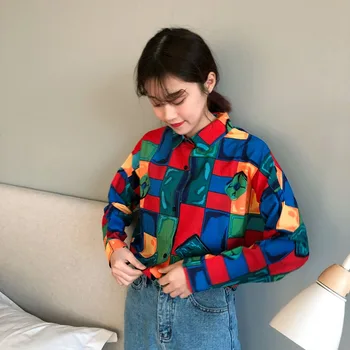 Ženske kontrast barve dolgo sleeved majico korejski elegantna veter svoboden divje retro barve majico študent priložnostne dno majica GD019