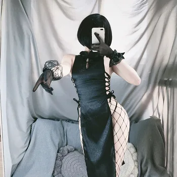 Seksi Erotična Cosplay Kostum Kitajski Črno Bel Cheongsam Ženske Babydoll Obleko Obleko Fancy Slim Odpri Prsni Enotno Za Ženske