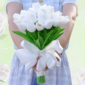 Kyunovia Umetne rože PU Pravi Otipljiva Tulipani Poroka Dekoracija Poročne Šopke Belo Rožnati Tulipani Poročni šopek GC39