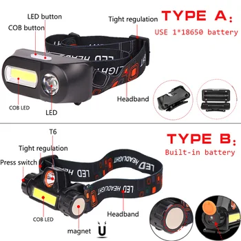 6000LM USB Polnilna LED žaromet Nepremočljiva COB delo svetlobe, z magnetom smerniki vgrajene baterije, Za kampiranje, pustolovščina