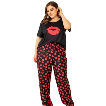 Novo pomlad jesen plus velikost pižame za ženske svoboden usta print majica s kratkimi rokavi in dolge hlače domov nositi dva kosa obleke 4XL 5XL 6XL 7XL