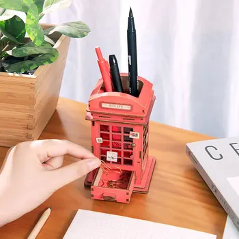 Creative 3D Lesene Puzzle Phone Booth Model Gradnjo Kompleti Penholder DIY Igrača za Otroka Odraslih Nova