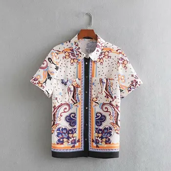 2019 nove ženske retro paisley cvjetnim tiskanja vzročno delavska bluzo kratek rokav srajce ženske elegantna blusas žepi srajca vrhovi LS3556