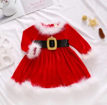 Baby Božič Obleke Runo Rdeče Dolge Rokave O-Vratu Visoko Pasu Zadrgo Obleke Dekleta Božič Oblačila