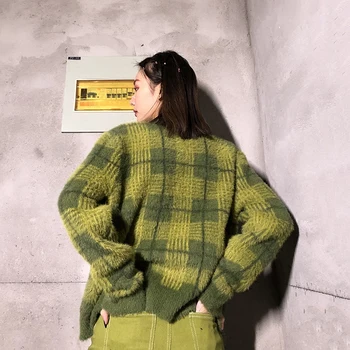 Brezrokavniki ženske letnik kawaii zelena kariran odrezana pulover Gumb spredaj Cardigan žep Feminino Z oznako