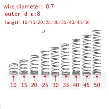20pcs/veliko 0.7 0.7 mm x 8 mm, iz Nerjavnega jekla stiskanje pomlad premer žice za 0,7 mm, zunanji premer 8 mm dolžina 10-50mm