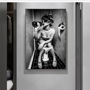 Seksi Dekle Sedi V Wc Platno Umetnosti Plakatov in Fotografij Črno-Belo Platno Slike na Steni Kopalnice Cuadro Slike